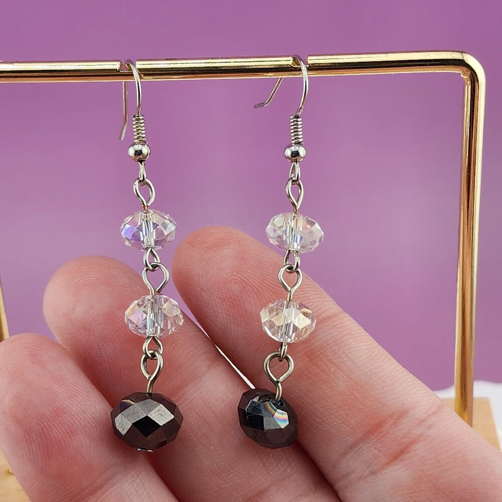 Black Clear Faceted Bead Drop Earrings Silver Tone Long Sparkling Glam Pair